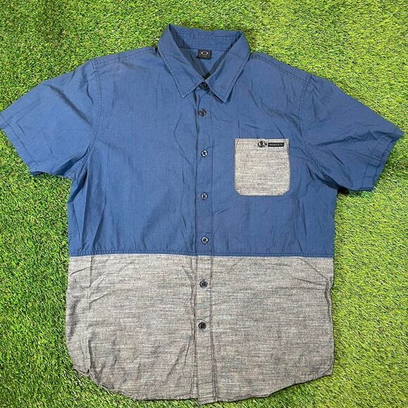 Y2K Oakley short sleeve button up shirt blue gray split color size large - Picture 1 of 5